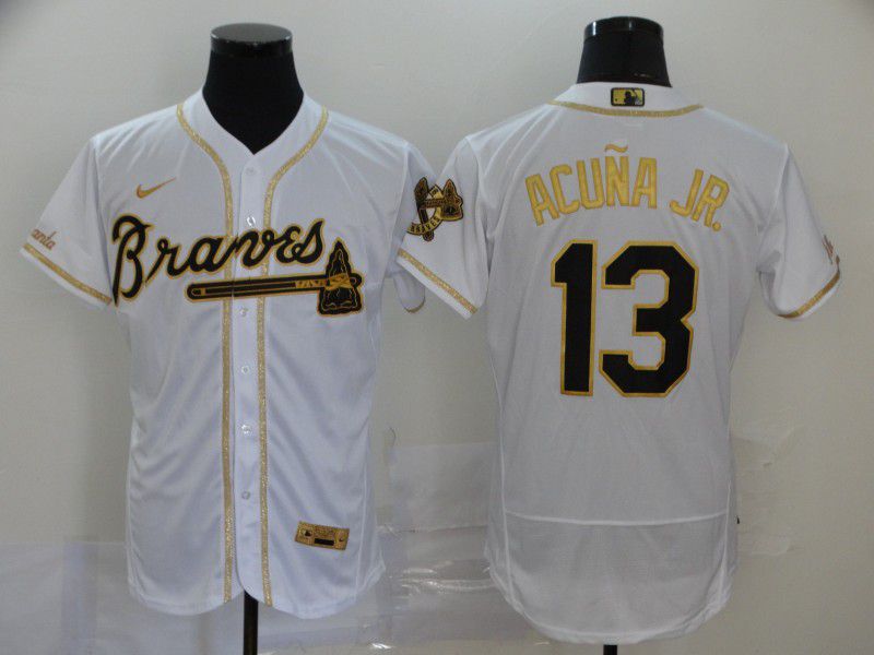 Men Atlanta Braves #13 Acuna jr White Retro gold character Nike Elite MLB Jerseys->washington nationals->MLB Jersey